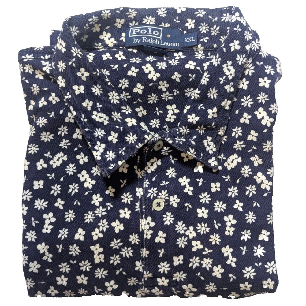 Vtg 90s Polo Ralph Lauren Men's Daisy Floral Calico Polo Shirt XXL Navy White